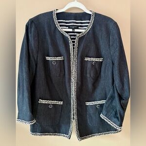 Elegant Talbots 16W Black Chanel-Style Blazer with White Fringe Trim